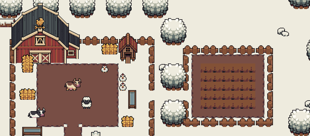 The same pixel-art barn farm in winter: snow-capped trees around the red barn, hay bales in the animal pen, and the tilled field framed by warm wooden fences under snow.