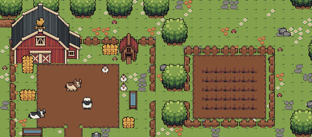 A pixel-art barn farm in daylight: a red barn with a weathervane, a fenced pen with cows, a sheep and chickens, haystacks, a tilled crop field, and garden fences framed by trees.